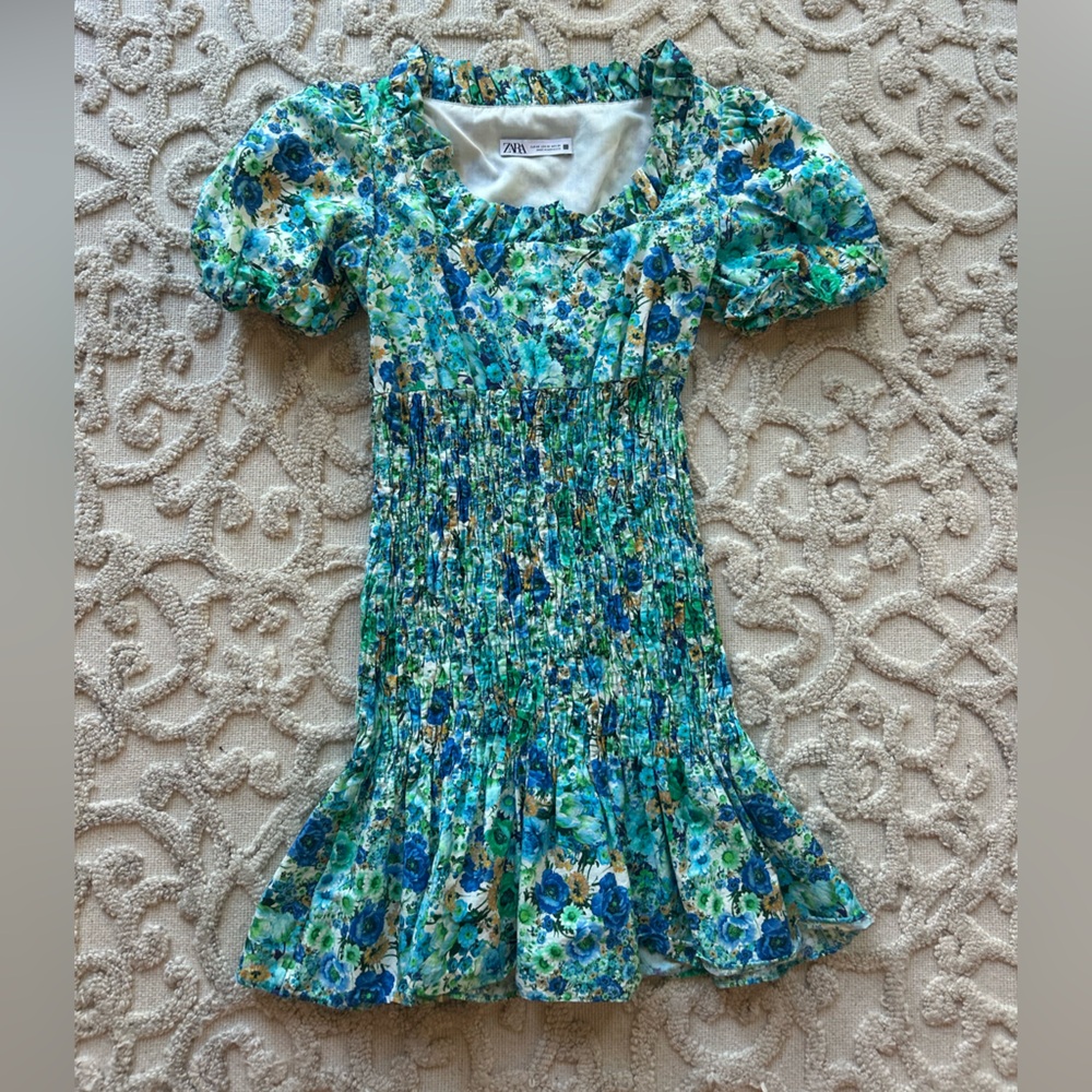 Zara Blue and Green Floral Ruffle Dress